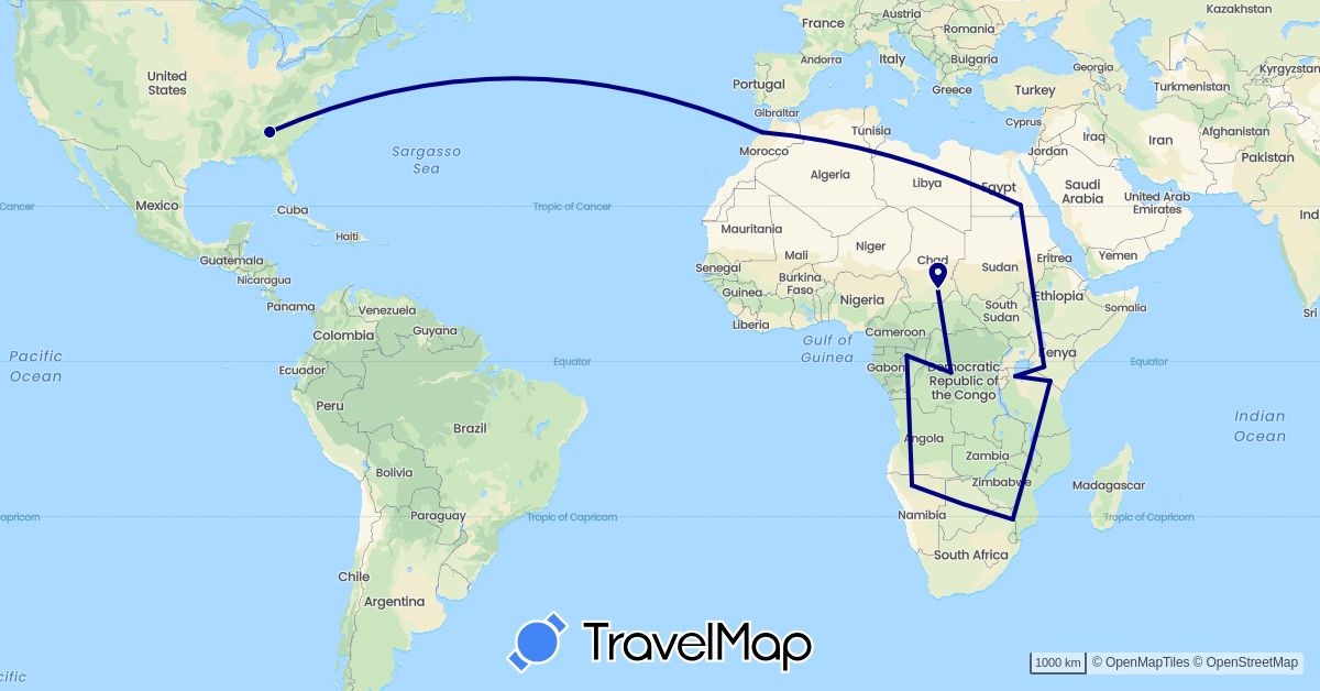 TravelMap itinerary: driving in Democratic Republic of the Congo, Republic of the Congo, Egypt, Kenya, Morocco, Namibia, Chad, Tanzania, United States, South Africa (Africa, North America)